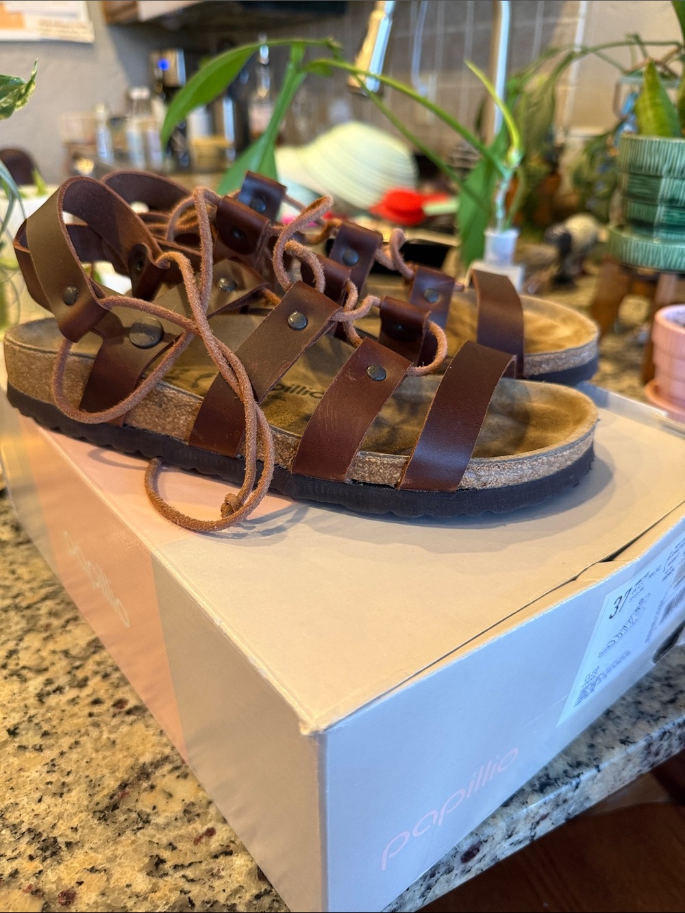 Papillio Brown Leather Lace-Up Sandals